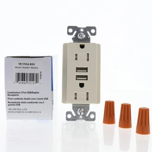 Eaton Almond Tamper Resistant 15A Outlet Receptacle 3.1A USB Charger TR7755A - Picture 1 of 7
