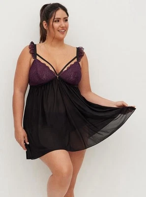 Torrid Curve Mesh Cap Sleeve Strappy Babydoll in Purple/Black Size 2X - Image 1 of 4