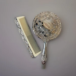 Vintage Ornate Comb And Mirror Set Silver Plated Vanity Set Preowned Condition - Picture 1 of 4