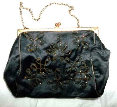 Vintage BLACK SATIN Made in France Handbag Sparkly Amber color Glass Beads - Image 1 of 4