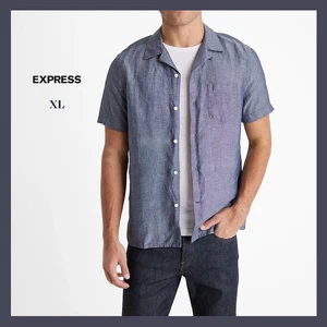 NUEVO CON ETIQUETAS - Camisa Express Para Hombre Azul Marino Mezcla de Lino Bolsillo Manga Corta Talla XL - $68 - Imagen 1 de 7