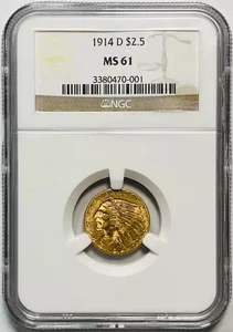 1914 D Gold Quarter Eagles $2 1/2 Indian Head NGC MS-61 - Picture 1 of 2