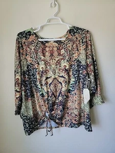 Farmers Market Top Womens Plus 3X Art Deco Tie Waist Jacobean Floral Embellished - Picture 1 of 14