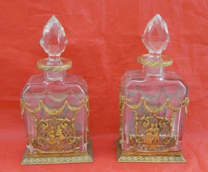 FINISSIMA COPPIA CRISTALLI ANTICHI DORE TAGLIO BRONZO WHISKY VINO LIQUORE DECANTER Francia - Foto 1 di 24