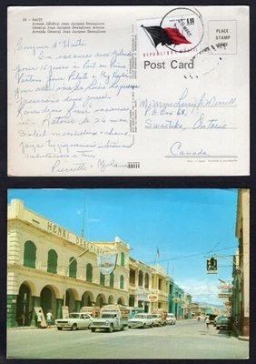 HAITI 1974 Picture Postcard to Canada. Street View, Stores Signs, Cars - Image 1 of 3