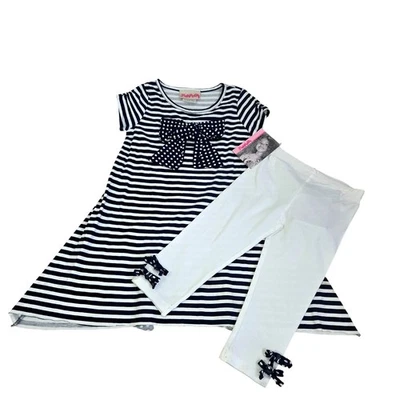 Flapdoodles Girls 5 Black & White Striped Dress & Leggings Set Polka Dot Bow  41 — 第 1/4 张图片