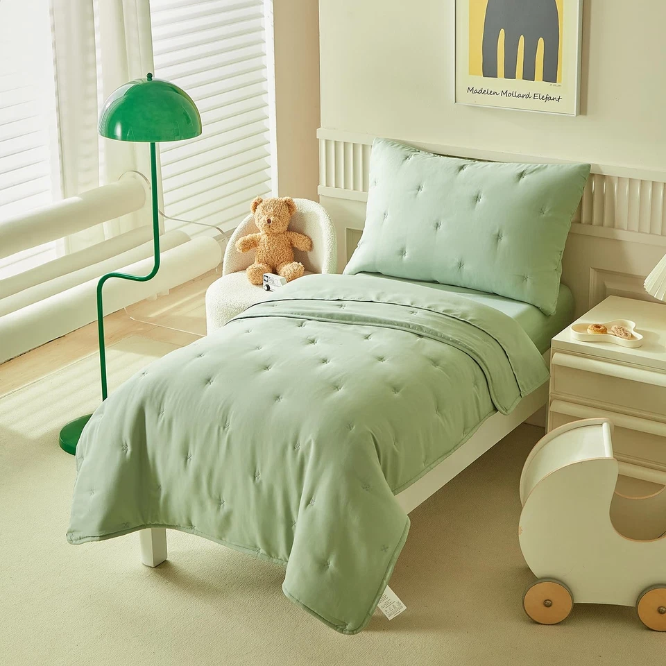 Juego de cama verde de 4 piezas para niños pequeños para niños niñas, cuna de microfibra bordada B... Foto 1 de 4