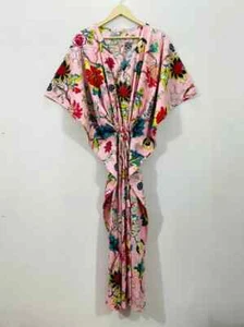 Indian Vintage 100% Cotton Long Beach Maxi Kaftan Dress One Size Caftan Kimono - Picture 1 of 10