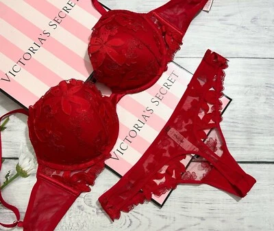 Conjunto de sutiã tanga Victoria's Secret LUXE sem forro bordado push up vermelho - Imagem 1 de 4