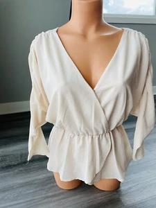 Jealous Tomato Ivory Ruched Blouse Size S V-Neck Chic Glam Shirt - Picture 1 of 6