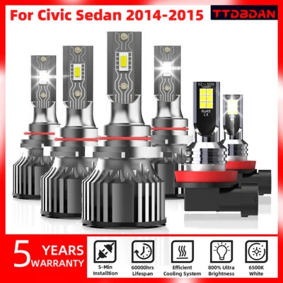 9005+9006+H11 LED Headlight Fog Light Bulbs Kit For Honda Civic Sedan 2014-2015 - Image 1 of 4