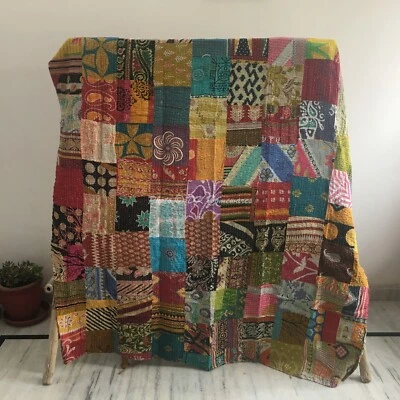 Colcha de retalhos vintage bordada Kantha cobertor duplo lance boho hippie - Imagem 1 de 3