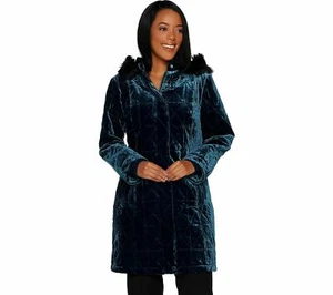 Isaac Mizrahi Live! Puffer Coat Faux Fur Trimmed Hood Blue 6 A298789 - Picture 1 of 8