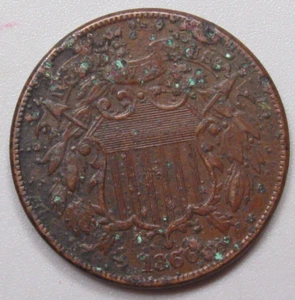 1866 US 2¢ Two Cent Piece -XF but Corroded- - Picture 1 of 5