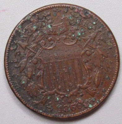 1866 US 2¢ Two Cent Piece -XF but Corroded- - Image 1 of 4