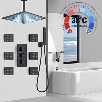 Shower Faucet Set LED Rain Head Combo Thermostatic Mixer Valve with Massage Jets - Image 1 of 4