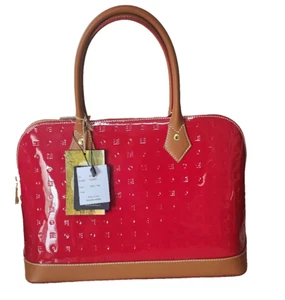 Borsa a tracolla ARCADIA Made In Italy in pelle verniciata cupola zip rosso, bordo marrone LOGO NUOVA CON ETICHETTE - Foto 1 di 10