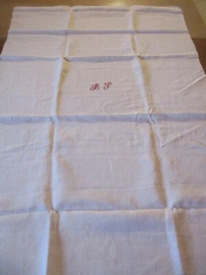 Nappe N°355 ancienne en chanvre 80 x 118 cm liteaux  Monogramme rouge BP  trous - Photo 1/4