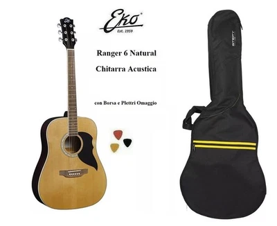 Eko RANGER 6 NATURAL CHITARRA ACUSTICA FOLK CON BORSA + 3 PLETTRI NUOVA - Immagine 1 di 4