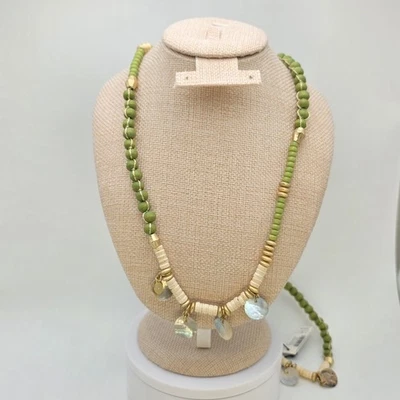 New CHICO'S Utopia Necklace Olive Green Howlite Wood Quartz Mother Of Pearl 48" - Image 1 of 4