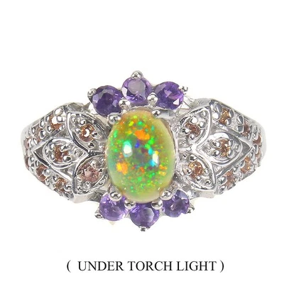 Anello in argento sterling 925 opale di fuoco ovale 8x6 mm zaffiro ametista... - Immagine 1 di 4