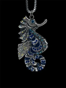Betsey Johnson Blue Pave Rhinestone Seahorse Necklace 28” +3” Extender READ - Picture 1 of 2