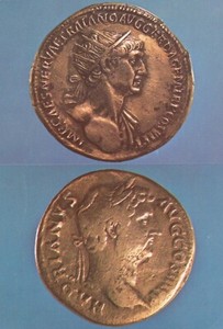 Bronze coins of the Emperor Trajan & his nephew Hadrian (Postcard)