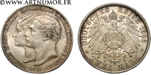 Allemagne - Saxe Weimar Eisenach, Guillaume Ernest et Caroline 2 mark 1903 - Picture 1 of 1
