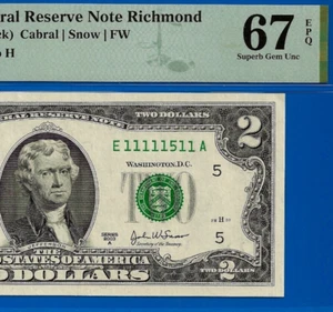 2003A $2 Federal Reserve Note PMG 67EPQ wanted near solid serial number 11111511 - Picture 1 of 3