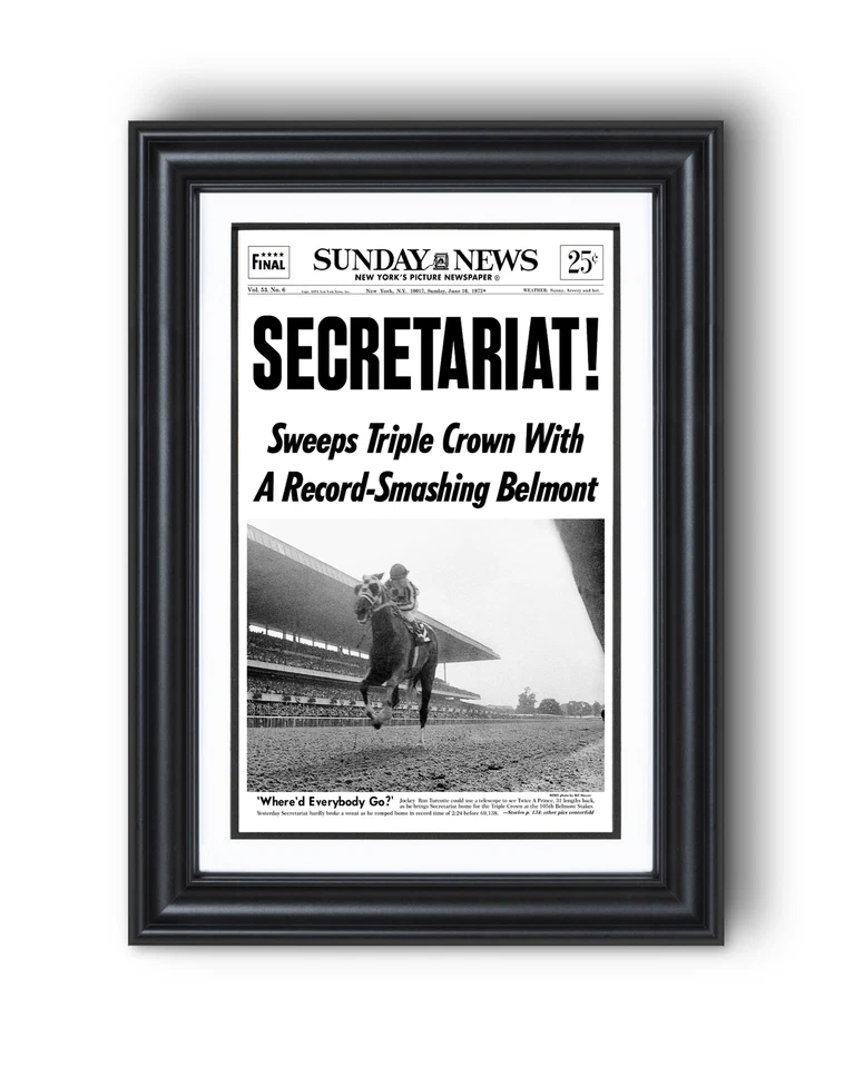 Belmont Stakes 1973 "Secretariat" triple corona ganador enmarcado portada periódico Foto 1 de 4