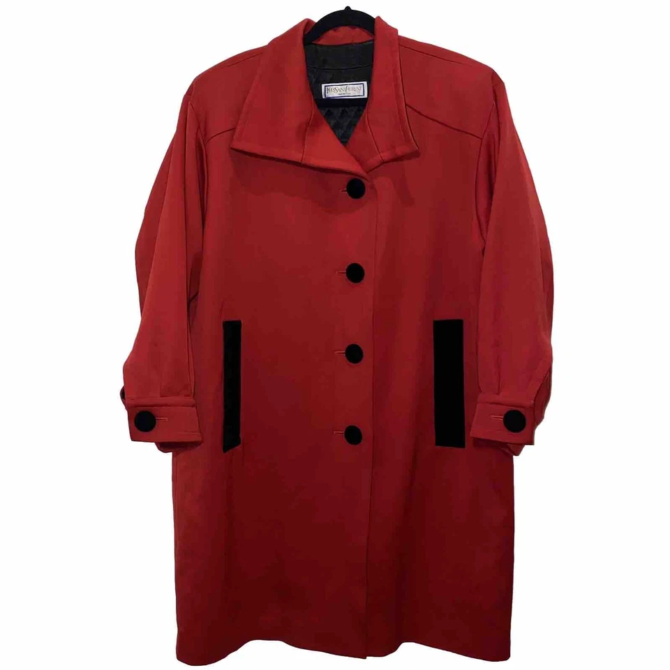Yves Saint Laurent Variation Size 14 Red Coat Black Velvet Buttons Pockets - Image 1 of 4