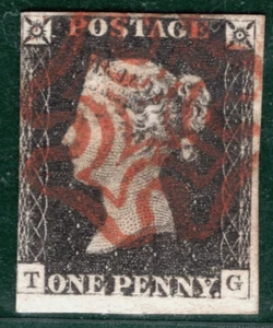 PENNY BLACK 1840 QV Stamp GB SG.2 1d Plate 3 (TG) Red MX AS20 Cat £500- REDS104 - Picture 1 of 6