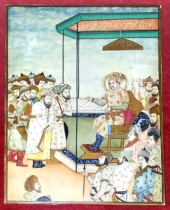 MAHARADSCHA INTHRONISIERT UND HÖFLINGE. ÖLGEMÄLDE. INDIEN. 19. Jahrhundert - Bild 1 von 1