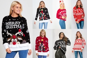 New Ladies Womens Santa Xmas Christmas Novelty Fairisle Retro Jumper Sweater - Picture 1 of 30