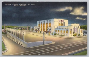 Omaha NE Nebraska - Union Station  Railroad - Full Moon - Linen Postcard - 1950s - Picture 1 of 2