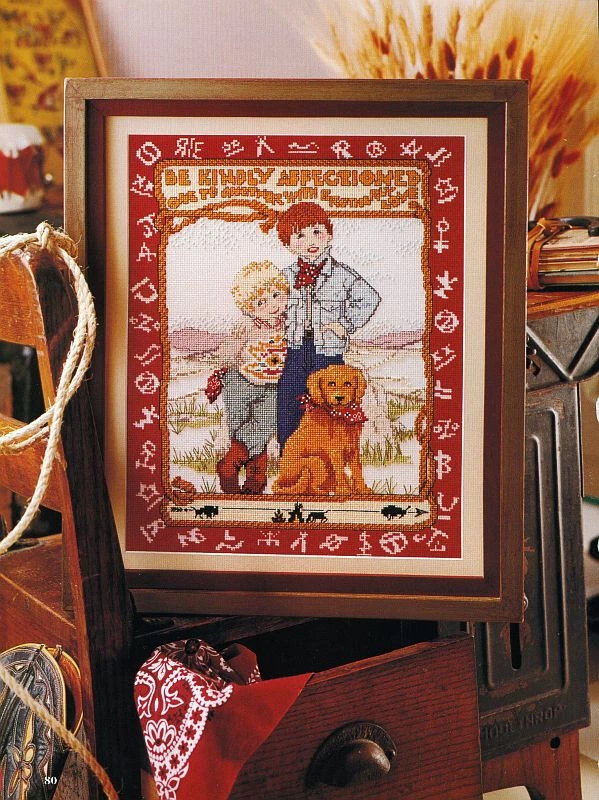 Mary Engelbreit BROTHERLY LOVE Kids Dog Country Cross Stitch Pattern Chart V5 - Image 1 of 1