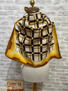 Chiffon vintage acetate scarf Japanese hand printed geo yellow brown square S485 - Picture 1 of 7