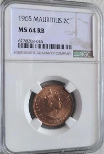 Mauritius 2 Cents 1965 NGC MS 64 RB, Top Pop! - Picture 1 of 2