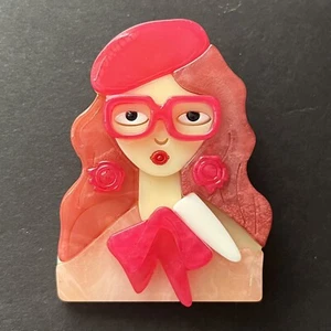 Lucite Brooch Girl Woman Glasses Redhead Nerd Pink Figural Pin Cute - Picture 1 of 8