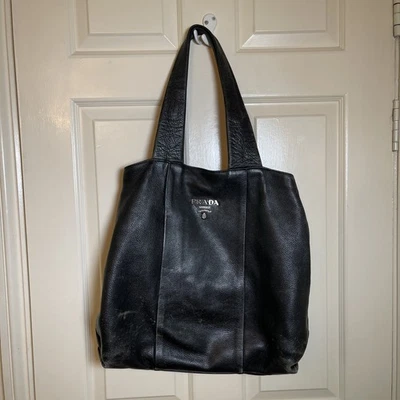 Prada Genuine Black Large Leather Bag Silver Hardware Vintage 90s Y2K Essentials - Image 1 of 4