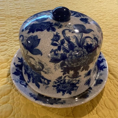 De Colección Bombay Cúpula de Queso Azul y Blanco Acabado Crackle Floral 6" T x 8.75" W Grande Foto 1 de 4