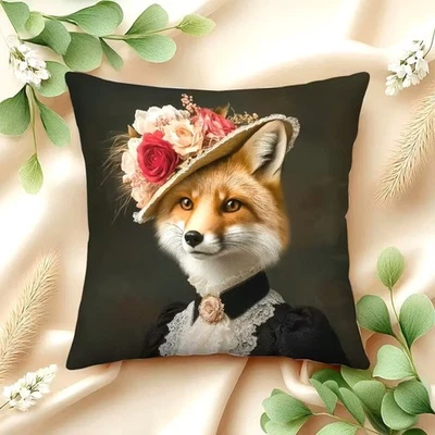 Housse de coussin RENARDE CHIC CHAPEAU FLEURI 45 cm Renard humanisé - Photo 1/4