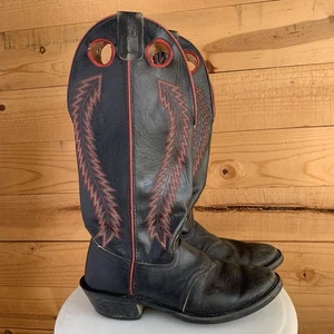 Texas Brand Cowboy Boots Men’s 9D Black Red Western VTG Leather 90’s USA *Wear* - Picture 1 of 8