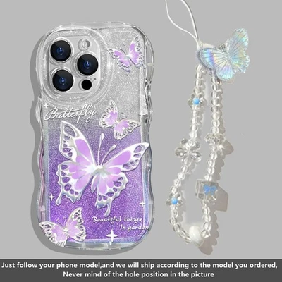 Flash Butterfly Case For Various Phone Fashion Glitter Cover +Butterfly Chain - Image 1 of 4