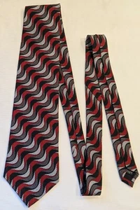 VINTAGE JRR Men's Geometric Neck Tie Necktie Black Red Silver Gray 100% SILK - Picture 1 of 9