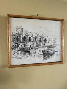 Vintage 1979 art Ink Drawing Spinola harbour boats town bamboo Jon Galia Malta - Picture 1 of 14