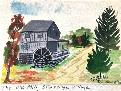 Vtg Amateur Miniature Acrylic Painting Sturbridge Village Mill DL Quigley 4"x6" - Image 1 of 4
