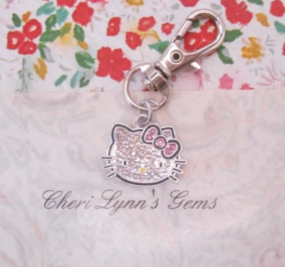 CZ HELLO KITTY PURSE OR JACKET ZIPPER PULL KEYCHAIN ADD ON CLIP & POUCH! - Image 1 of 3