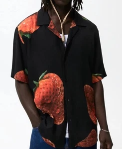 Zara Mens Strawberry Print Short Sleeve Black Shirt Sz L NWT - Picture 1 of 9