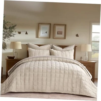  Colcha de veludo luxuosa 3 peças King King (108"x96") ponto caixa dupla bege - Imagem 1 de 4